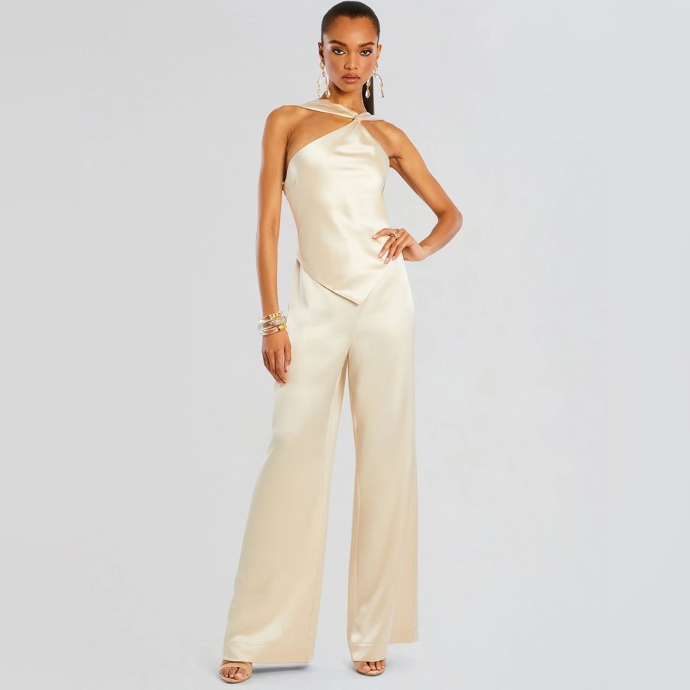 Retrofête Cream Satin One-Shoulder Wide-Leg Jumpsuit